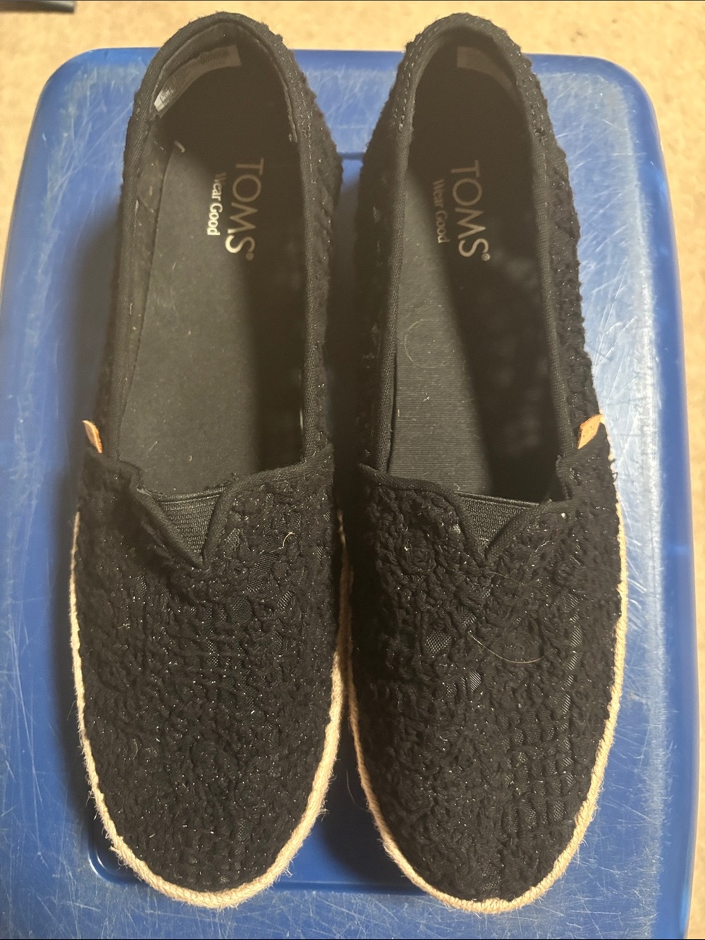 Toms Black Crochet Slip-On Moccasins with Espadrille Trim